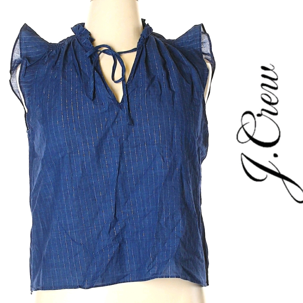 J.Crew Navy Blue Silver Stripe Flutter Sleeve NWT